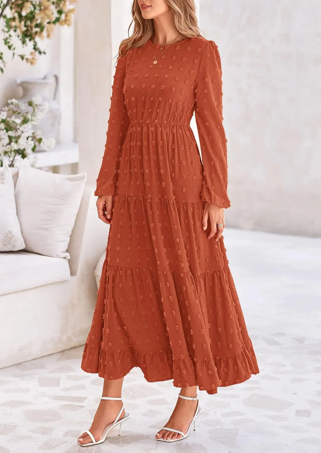 PRETTYGARDEN Women's Fall Spring Elegant Long Sleeve Maxi Dress Swiss Dot A Line Flowy Casual Holiday Party Going Out Dresses