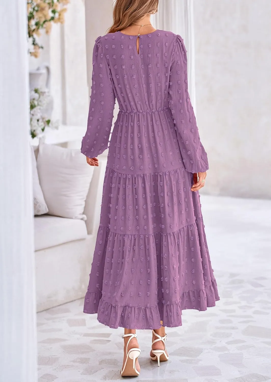 PRETTYGARDEN Women's Fall Spring Elegant Long Sleeve Maxi Dress Swiss Dot A Line Flowy Casual Holiday Party Going Out Dresses