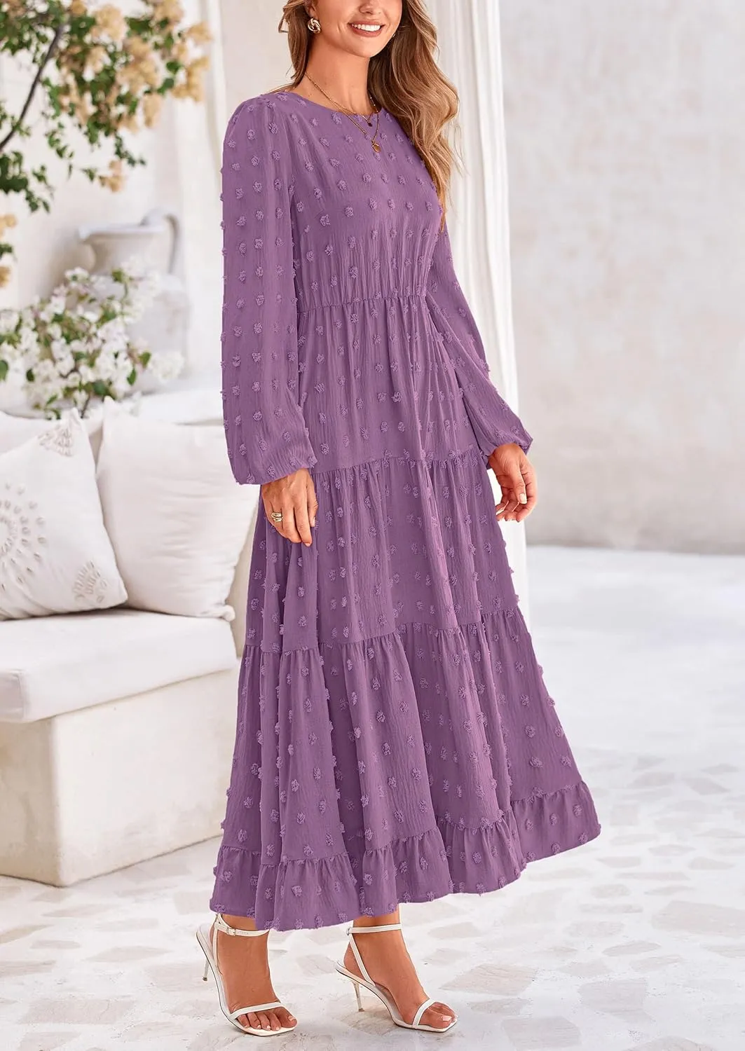 PRETTYGARDEN Women's Fall Spring Elegant Long Sleeve Maxi Dress Swiss Dot A Line Flowy Casual Holiday Party Going Out Dresses