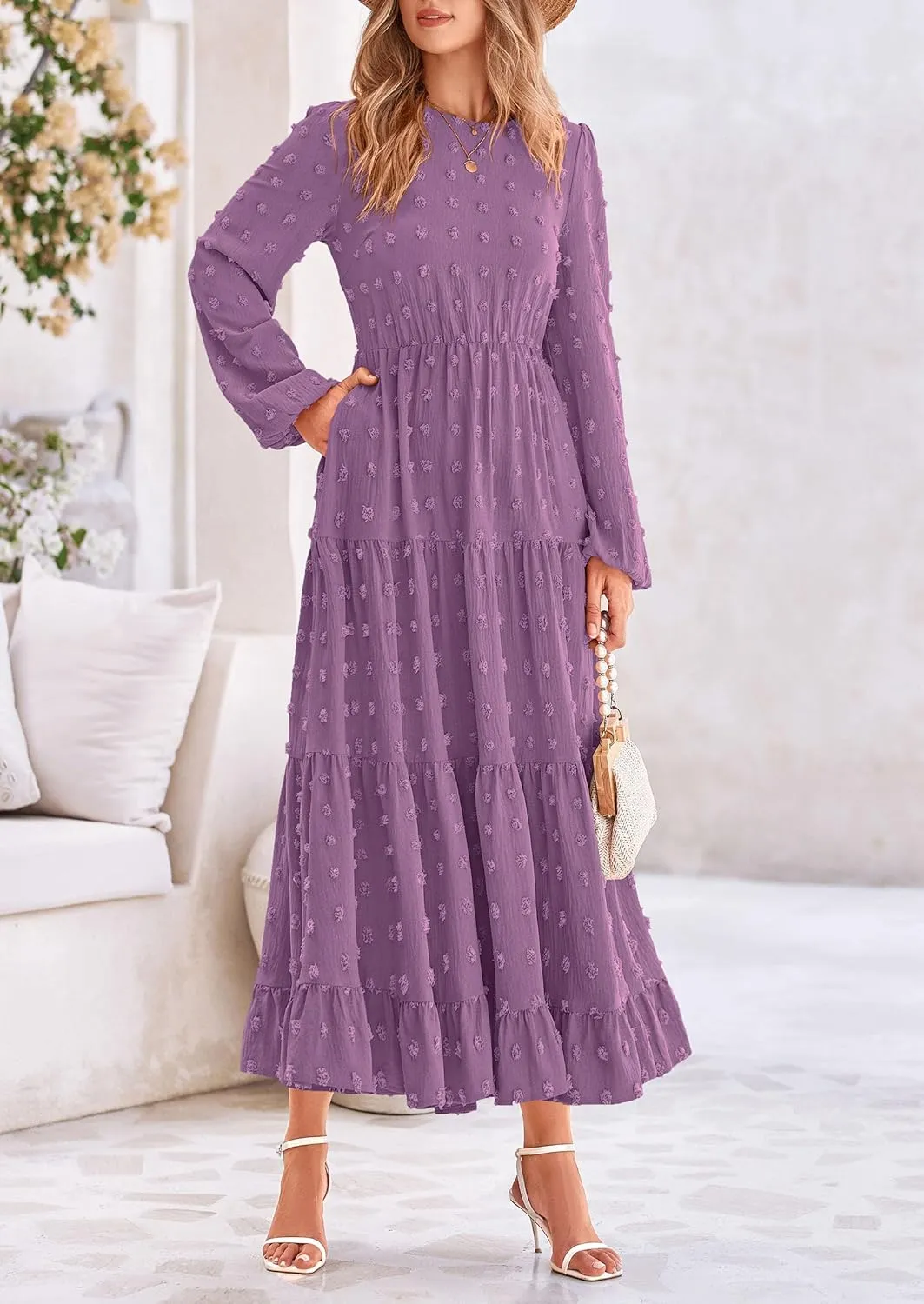 PRETTYGARDEN Women's Fall Spring Elegant Long Sleeve Maxi Dress Swiss Dot A Line Flowy Casual Holiday Party Going Out Dresses