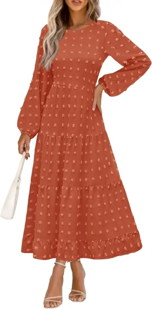 PRETTYGARDEN Women's Fall Spring Elegant Long Sleeve Maxi Dress Swiss Dot A Line Flowy Casual Holiday Party Going Out Dresses