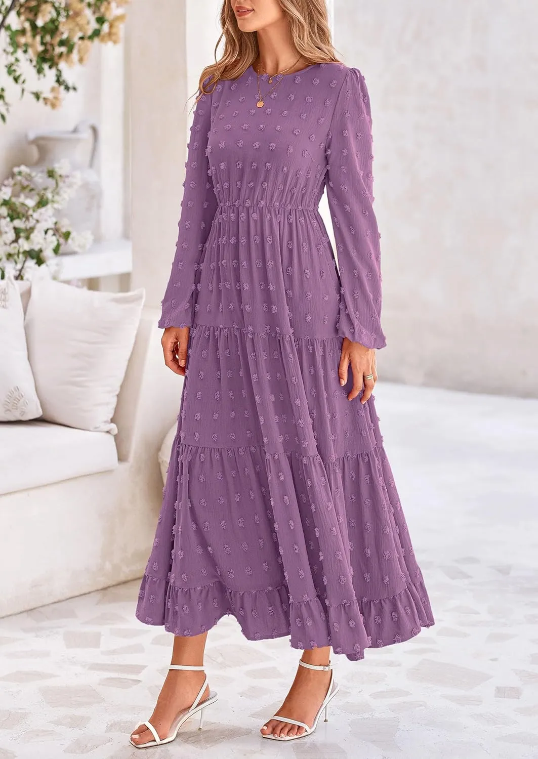 PRETTYGARDEN Women's Fall Spring Elegant Long Sleeve Maxi Dress Swiss Dot A Line Flowy Casual Holiday Party Going Out Dresses
