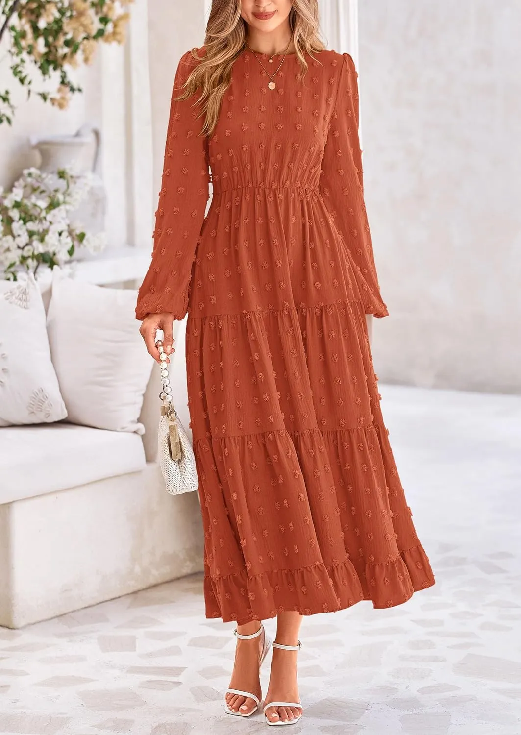 PRETTYGARDEN Women's Fall Spring Elegant Long Sleeve Maxi Dress Swiss Dot A Line Flowy Casual Holiday Party Going Out Dresses