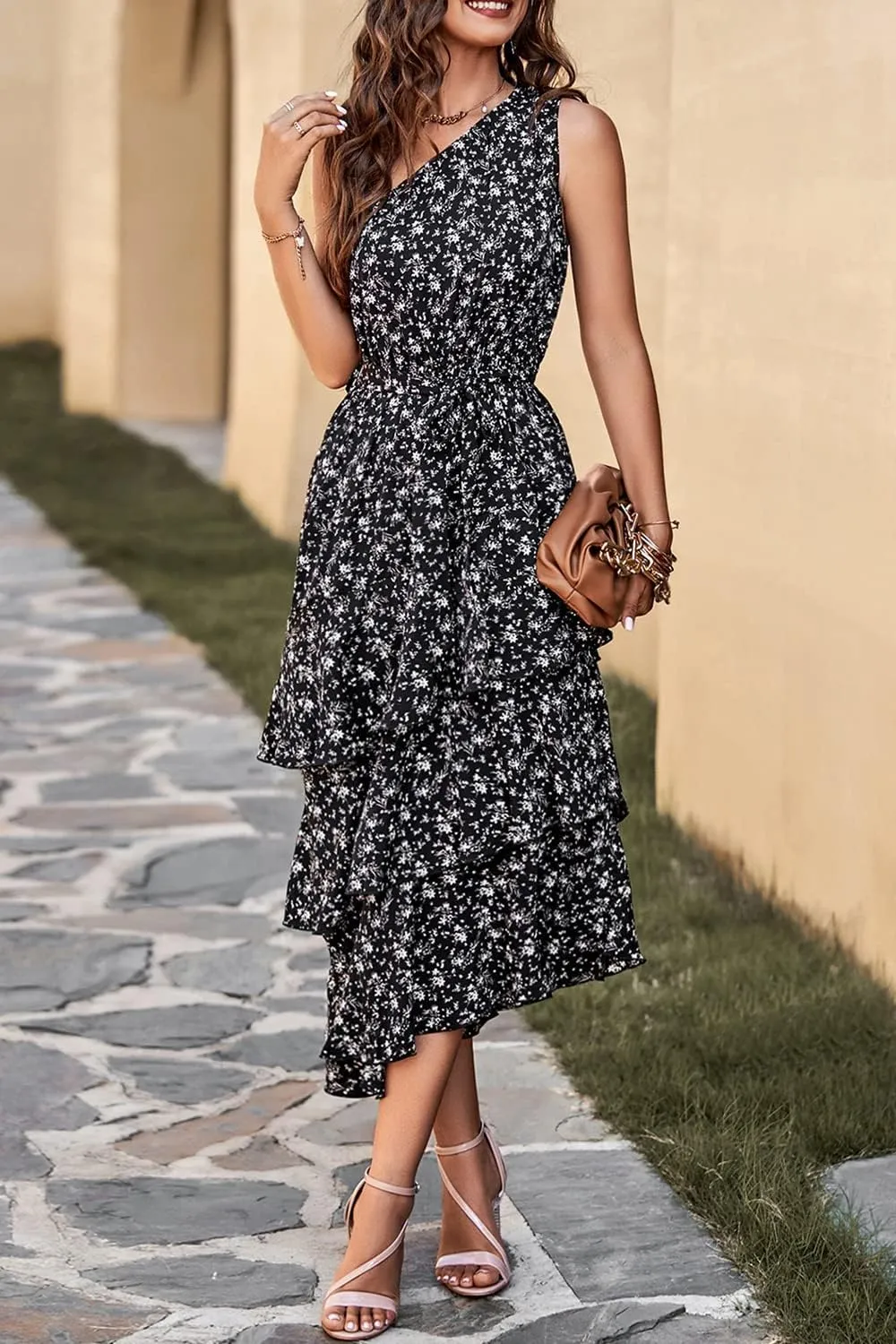 PRETTYGARDEN Women's Summer Floral Sundress Casual One Shoulder Tiered Ruffle Flowy Midi Beach Boho Dresses