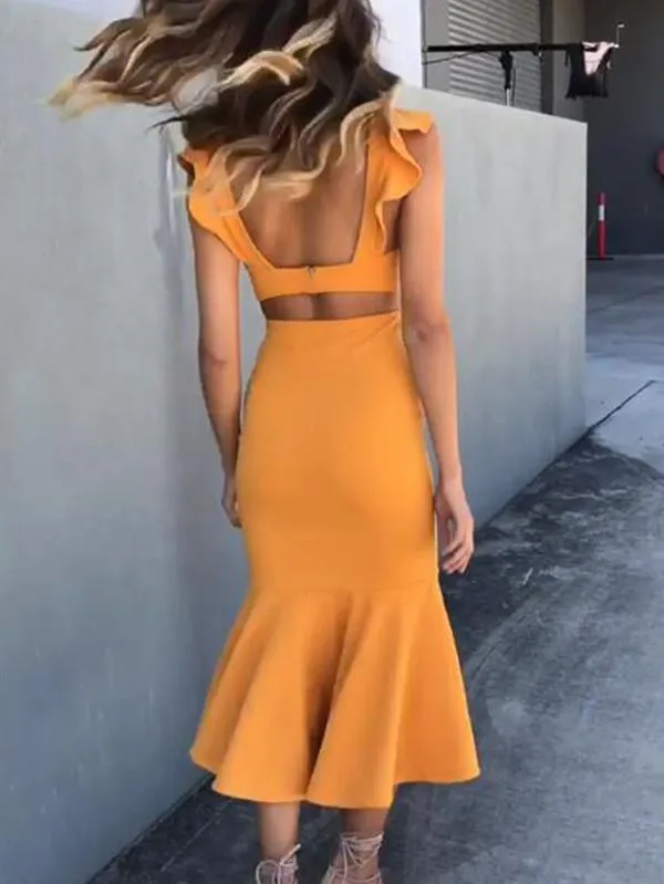 Short Mermaid Backless Solid Midi Dresses