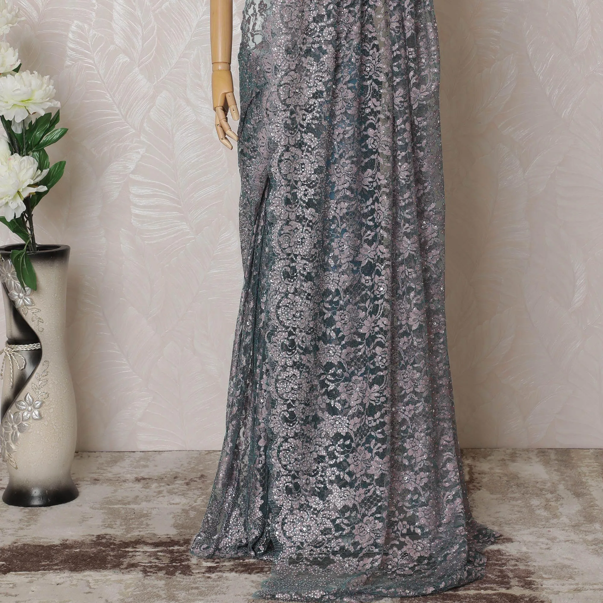 Teal blue, baby pink Premium pure French two tone chantilly lace saree having stone work and outline lurex in floral design-D14544