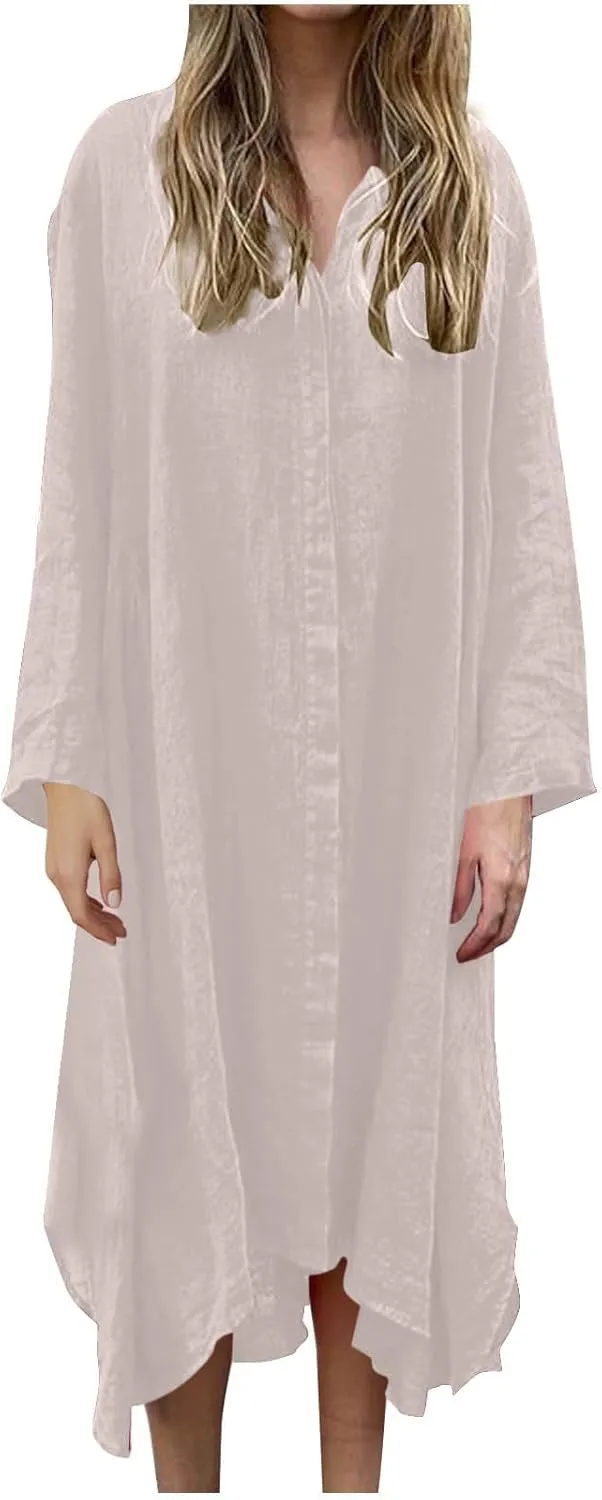 Womens Casual Collared Cotton Linen Maxi Shirt Dress Long Sleeve Button Up Long Swimsuit Cover Ups Summer Beach Dresses