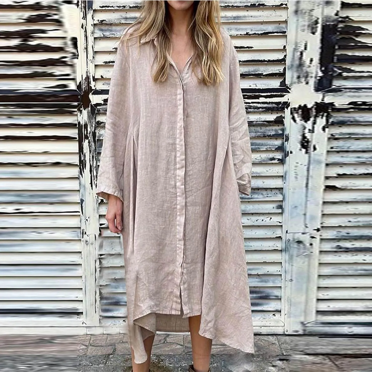 Womens Casual Collared Cotton Linen Maxi Shirt Dress Long Sleeve Button Up Long Swimsuit Cover Ups Summer Beach Dresses