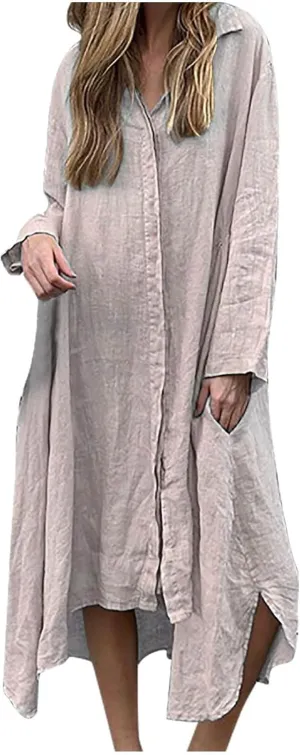 Womens Casual Collared Cotton Linen Maxi Shirt Dress Long Sleeve Button Up Long Swimsuit Cover Ups Summer Beach Dresses