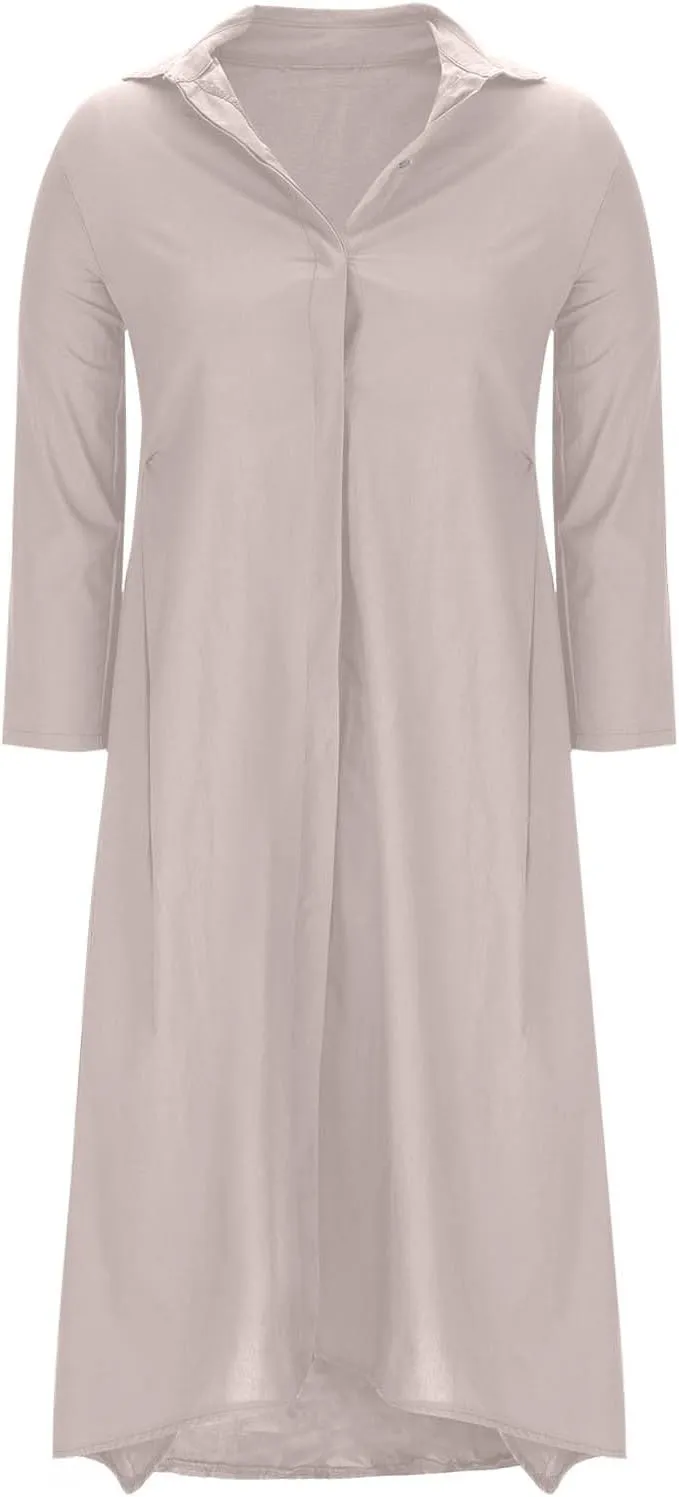 Womens Casual Collared Cotton Linen Maxi Shirt Dress Long Sleeve Button Up Long Swimsuit Cover Ups Summer Beach Dresses
