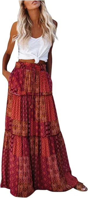 Womens Long Skirt 2025 Summer Casual Trendy Beach Western Skirts Music Festival Outfits Hippie Clothes
