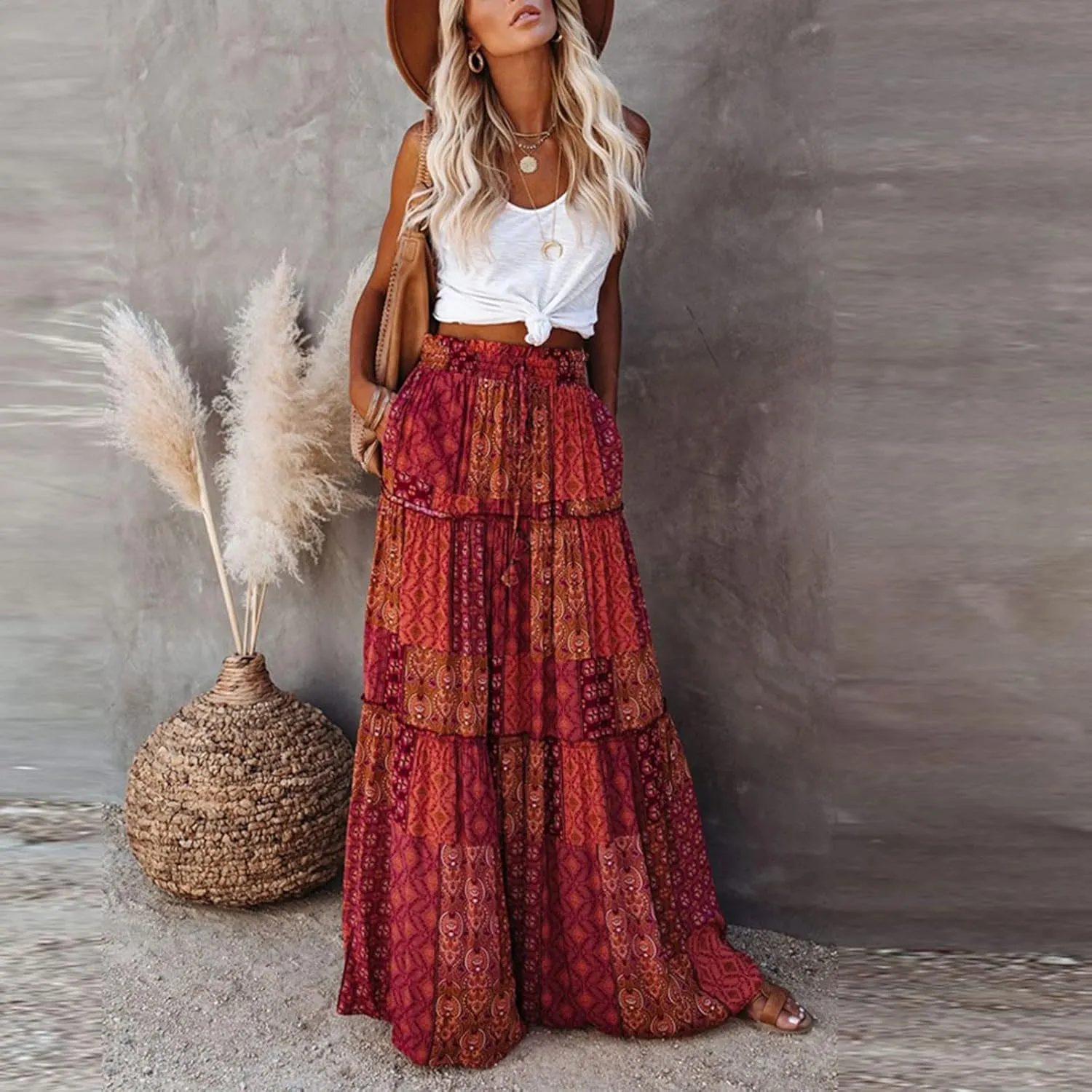 Womens Long Skirt 2025 Summer Casual Trendy Beach Western Skirts Music Festival Outfits Hippie Clothes