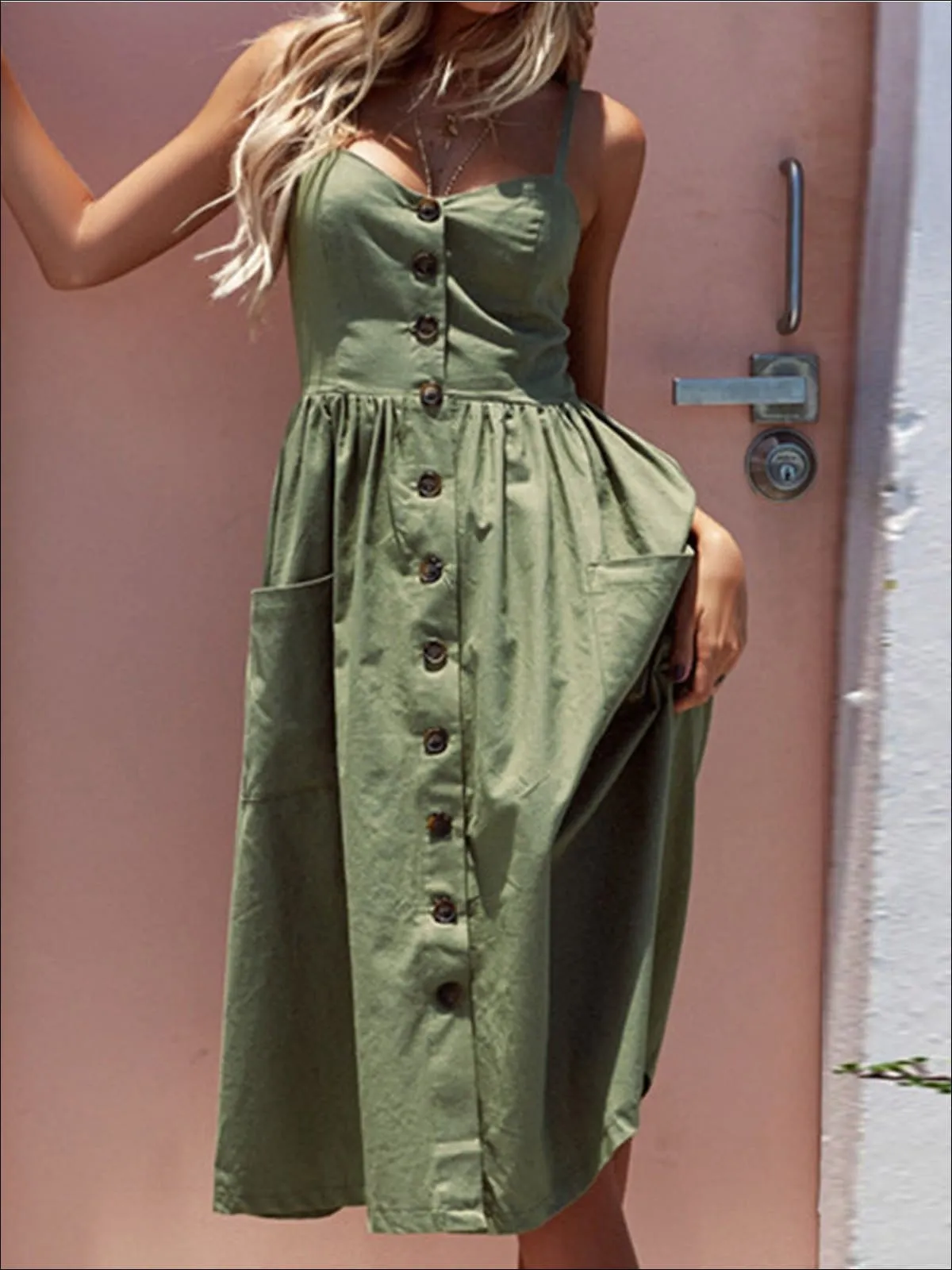 Women's Vintage Sleeveless Casual Dress With Front Pockets (Multiple Color Options)